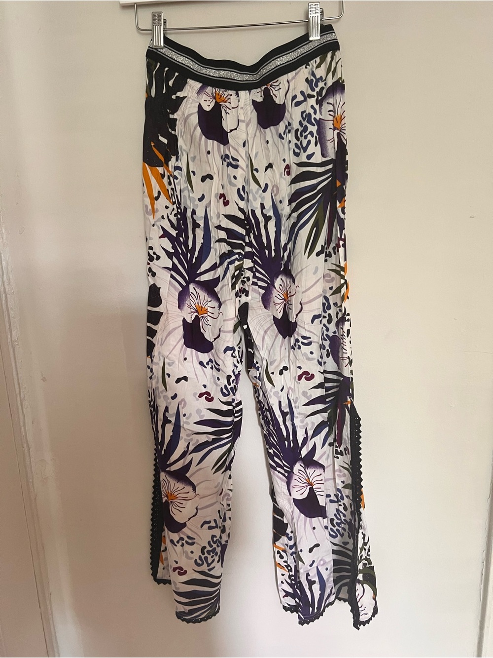 Floral Wide-Leg Summer Pants in White, Purple & Orange